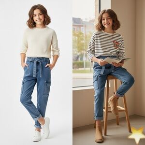 Epic Threads Girls‎ Cargo Jeans Elastic Waist Tie Blue Size M